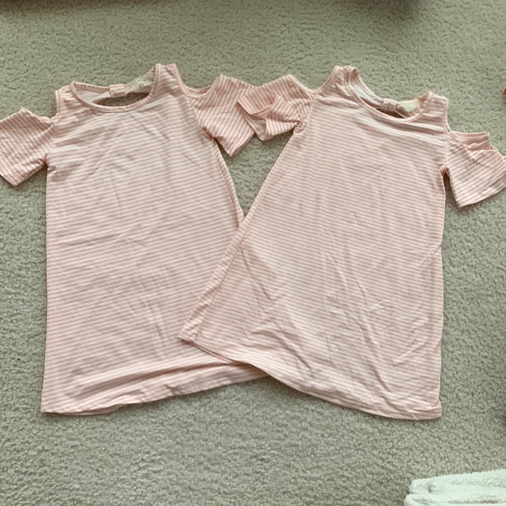 Twin girls pink and white striped open shoulder bow back a-line dress